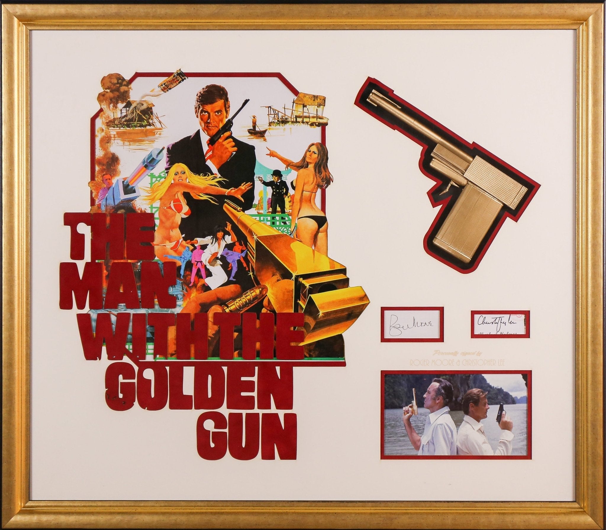 Roger Moore and Christopher Lee, 007 Signed Whitecard Framed Display with Golden Gun - Memorabilia Framers Shop